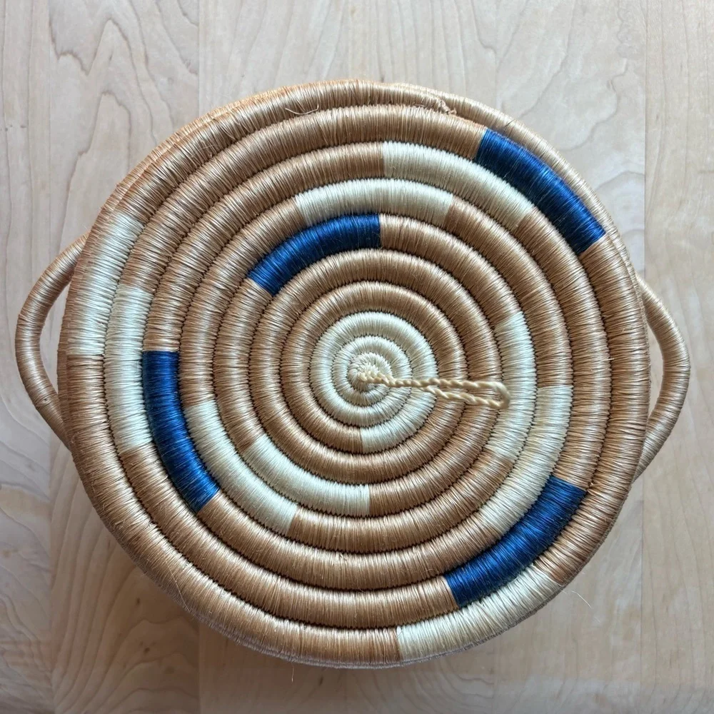 Handwoven Rwandan Lidded Basket Blue & Natural Fair Trade Storage Basket